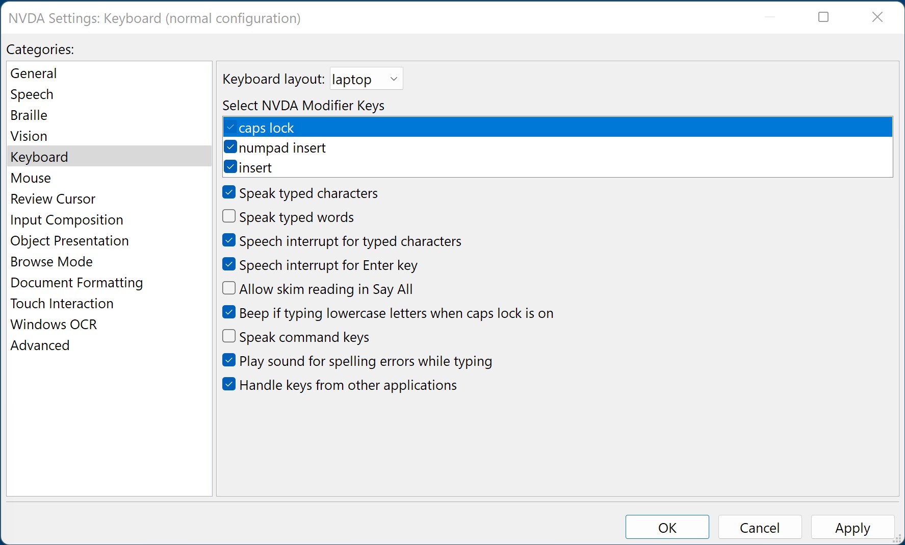 NVDA keyboard settings