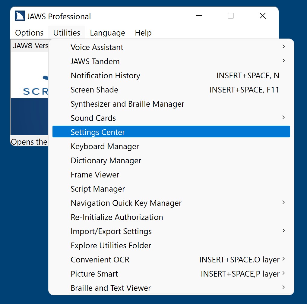 JAWS settings center