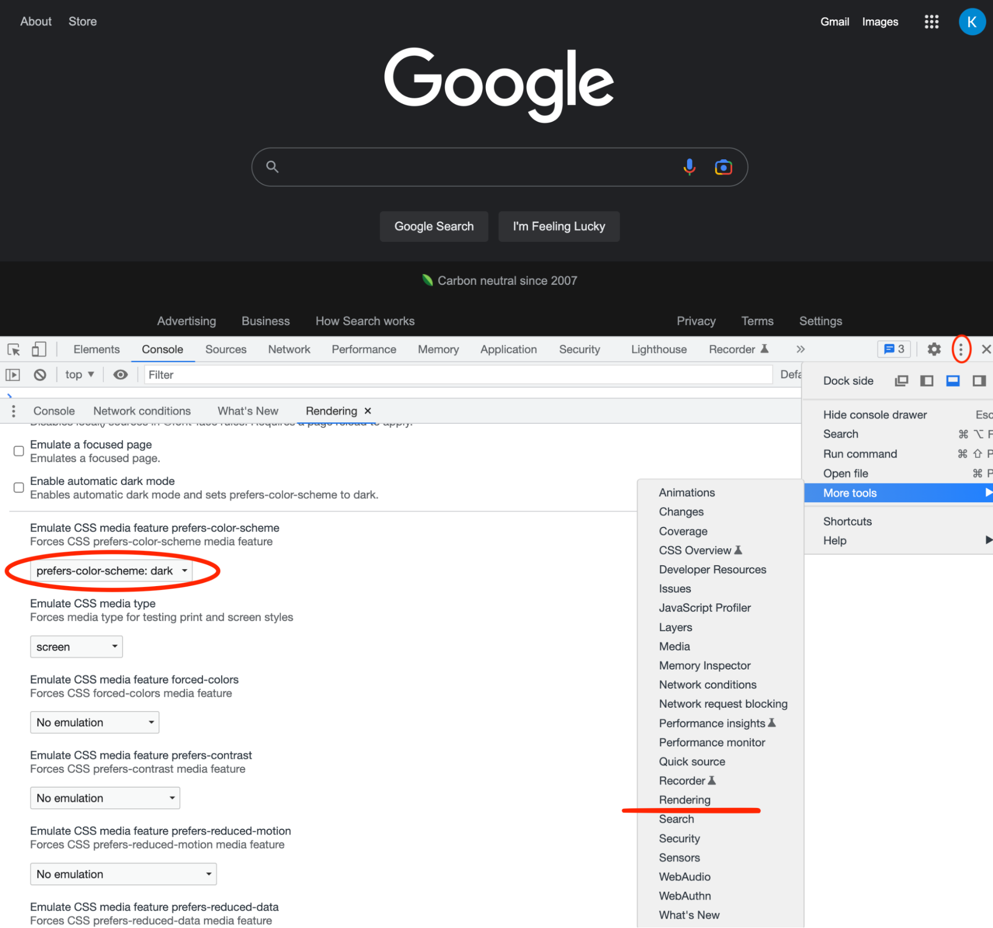 Google dark mode example